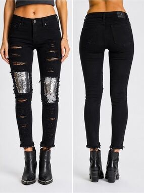 Carmar by LF Black Distressed Sequin Patch Skinny Jeans 26 NWOT